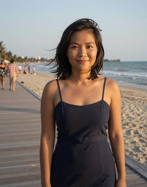Sreymom, 30, Cambodian woman from Sihanoukville on beach boardwalk, seeking committed partner