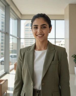 Noor, 31, Jordanian professional woman from Amman in modern office setting, looking for genuine love connection