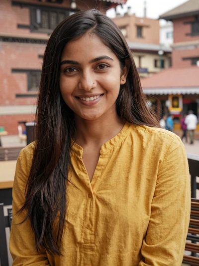 Anjali, 26, Nepali Newar woman from Kathmandu at outdoor cafe, seeking meaningful cross-cultural relationship