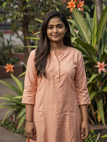 Bangladeshi woman in casual peach kurti smiling in tropical garden in Dhaka, representing genuine Bengali dating profiles