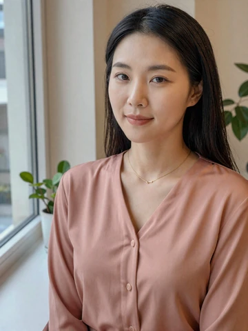Elegant Korean heritage woman in dusty rose blouse by window with natural light, representing modern North Korean heritage singles on iDatingZone