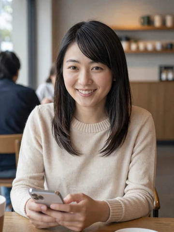 Japanese woman video chatting at a cafe, illustrating long-distance relationship communication tips
