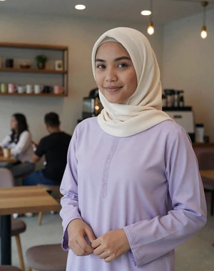 Nurul, 26, Bruneian woman from Bandar Seri Begawan in modern cafe wearing lavender baju kurung, seeking genuine connection