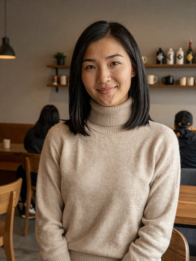 Solongo, 26, Mongolian woman from Ulaanbaatar in modern cafe, seeking meaningful cross-cultural connection