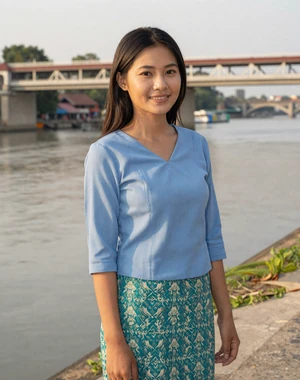 Ei Thandar, 26, Burmese woman from Mawlamyine near river bridge wearing blue blouse, open to genuine cross-cultural connection
