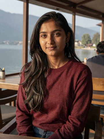 Nepali woman at lakeside cafe in Pokhara with Himalayan mountains, representing modern Nepali dating scene on iDatingZone