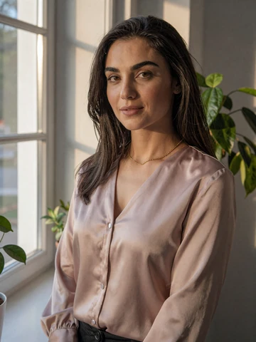 Armenian woman in dusty rose blouse near sunlit window, representing modern Armenian singles on iDatingZone dating platform