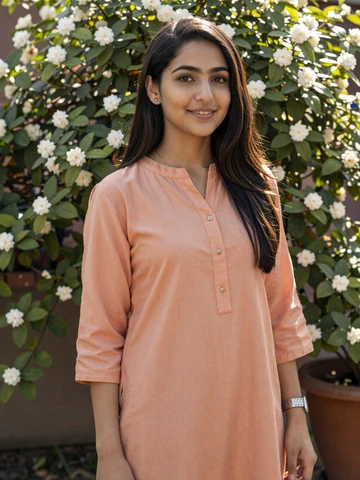 Pakistani woman in casual peach kurta smiling in jasmine garden, representing authentic Pakistani dating profiles
