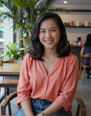 Sophea, 25, Cambodian woman from Phnom Penh at modern cafe, seeking meaningful cross-cultural connection