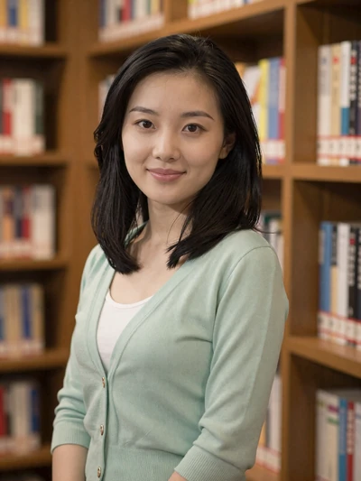 Yue, 29, Chinese woman from Shanghai in a cozy library wearing mint green cardigan