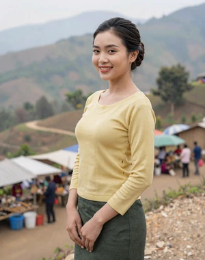 Nwe Nwe, 33, Burmese woman from Taunggyi Shan State with misty mountains behind, seeking lifelong love and partnership