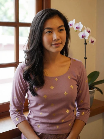 Burmese woman in plum blouse and gold-patterned htamein longyi near window with warm light, representing modern Myanmar singles on iDatingZone