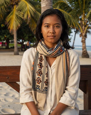 Lucia, 30, Timorese woman from Suai in cream linen with tais scarf by tropical beach, seeking committed partner