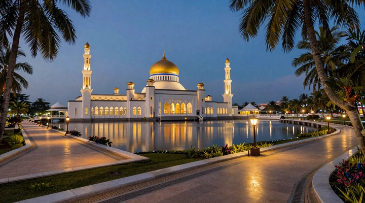 Sultan Omar Ali Saifuddien Mosque in Bandar Seri Begawan at twilight with golden dome reflecting on lagoon, representing Brunei's Islamic heritage and dating culture