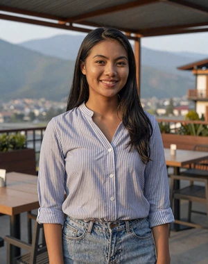 Tshering, 26, Bhutanese woman from Thimphu at modern cafe with mountain views, seeking meaningful international connection