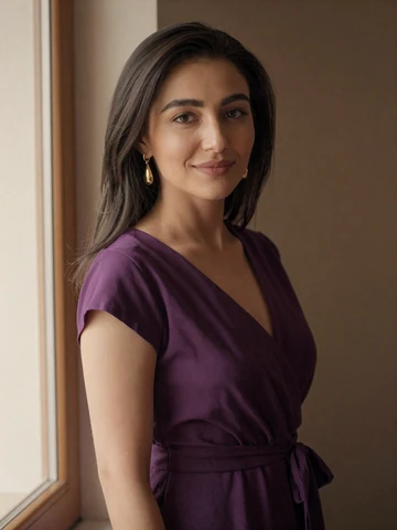 Uzbek woman in elegant plum dress near window with warm natural light, representing modern Uzbek singles on iDatingZone
