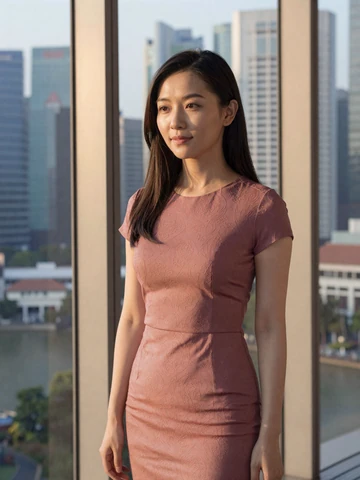 Singaporean woman in plum dress near window overlooking city skyline, representing modern Singaporean singles on iDatingZone