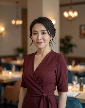 Kamila, 34, elegant Kazakh woman from Pavlodar in burgundy wrap dress at upscale restaurant, seeking lifelong partner