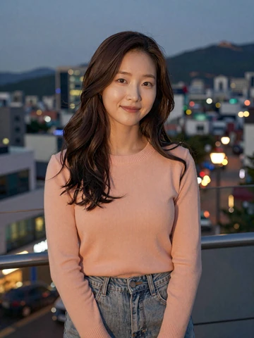 Korean woman on Seoul rooftop terrace at dusk with city lights, representing modern Korean dating scene on iDatingZone platform