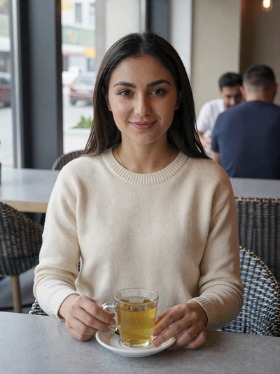 Madina, 25, Tajik woman from Dushanbe in modern café with green tea, seeking genuine cross-cultural connection