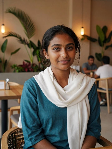 Maldivian woman in teal top at modern café in Malé, representing contemporary Maldivian dating culture and educated singles on iDatingZone