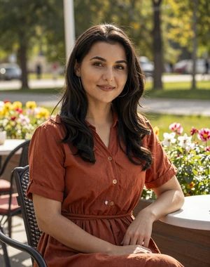 Madina, 24, Kazakh woman from Shymkent in terracotta dress at sunny outdoor cafe, open to genuine connection