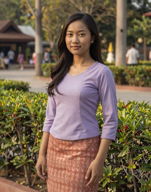 Thin Zar, 24, Burmese woman from Naypyidaw in garden park wearing lavender top and coral longyi, looking for meaningful relationship