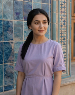 Nodira, 24, Uzbek woman from Samarkand near blue tilework wearing lavender dress, interested in serious international relationship