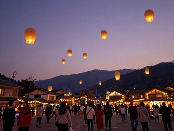 Sky lanterns floating during Taiwan Lantern Festival at Pingxi, a popular romantic couple activity in Taiwanese dating culture