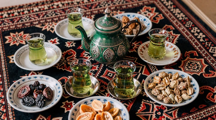 Traditional Afghan green tea ceremony with ornate teapot and dried fruits on embroidered cloth, representing Afghan hospitality in dating culture