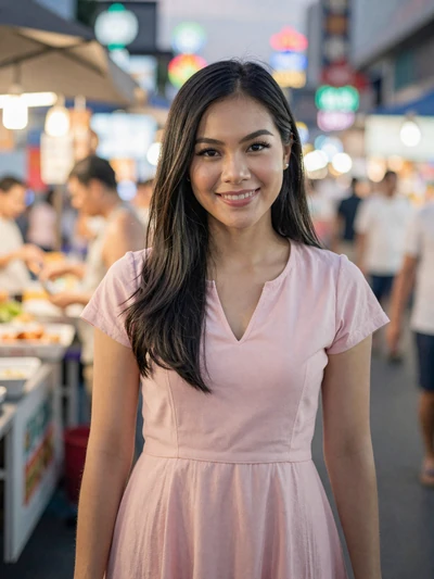Siriwan, 24, Thai woman from Bangkok smiling at a colorful night market