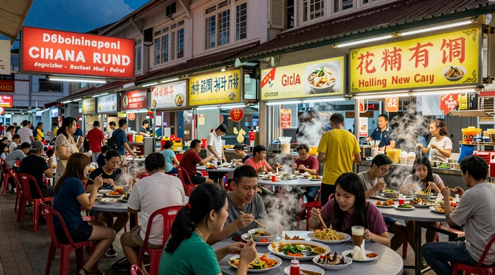 Vibrant Singapore hawker center at evening with diverse food stalls and warm lighting, representing authentic Singaporean dating culture