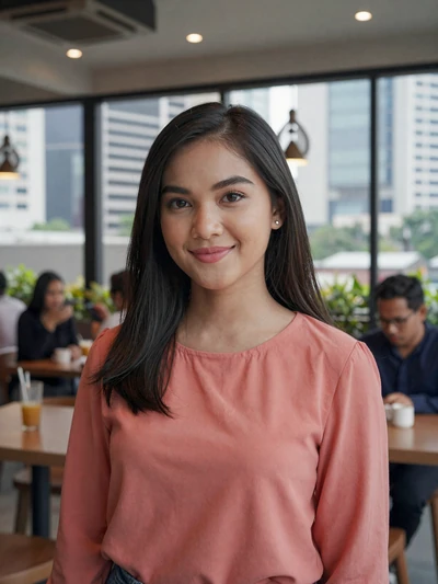 Putri, 27, Indonesian woman from Jakarta in modern cafe setting, seeking genuine cross-cultural connection