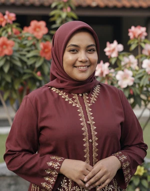 Nabilah, 34, Bruneian woman from Bangar in burgundy baju kurung in traditional garden, seeking lifelong partner