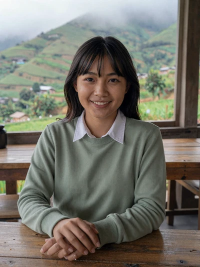 Daovone, 22, Laotian woman from Xam Neua in mountain cafe with misty hills, seeking genuine relationship