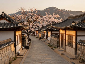 Traditional Korean hanok village with curved tile roofs and cherry blossoms at golden hour, representing shared Korean cultural heritage