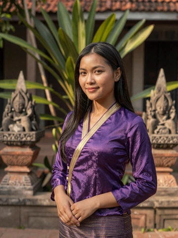 Cambodian woman in traditional purple silk sampot smiling in sunlit courtyard, representing genuine Cambodian dating profiles