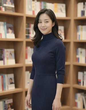 Soyeon, 30, Korean-Canadian professional woman from Toronto in elegant navy dress, looking for genuine love connection