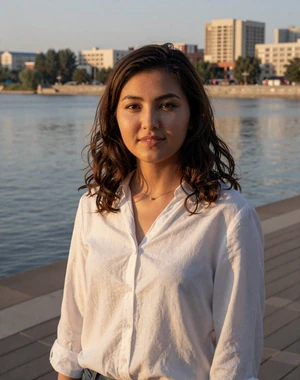 Zhansaya, 23, Kazakh woman from Atyrau in white blouse on river promenade at golden hour, looking for genuine love