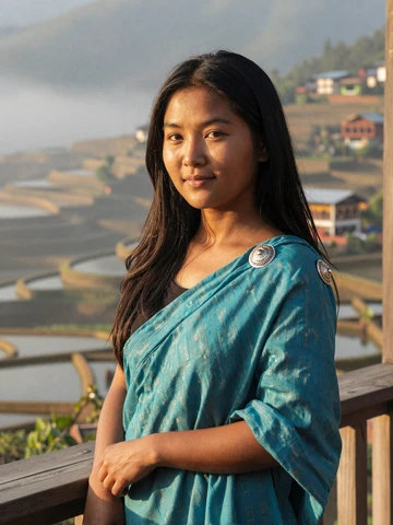 Bhutanese woman in turquoise hand-woven kira on balcony overlooking misty Punakha rice terraces, representing authentic Bhutanese dating culture on iDatingZone