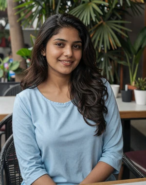 Tahmina, 26, Bangladeshi woman from Dhaka at outdoor cafe, seeking meaningful cross-cultural connection
