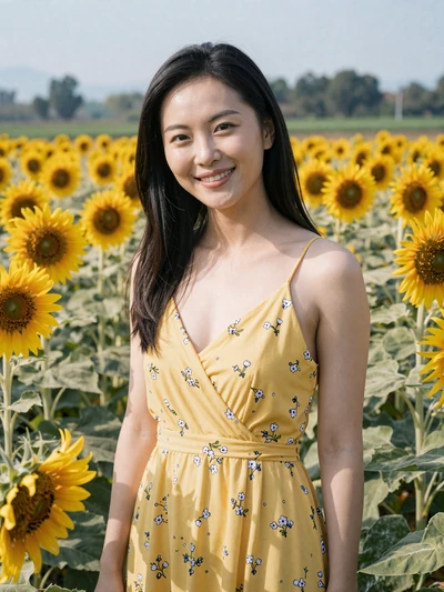Mei-Feng, 26, Taiwanese woman from Changhua in a sunflower field, seeking lifelong partnership