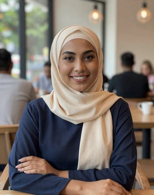 Aisha, 27, Malaysian Malay woman from Kuala Lumpur at modern cafe, seeking meaningful cross-cultural connection